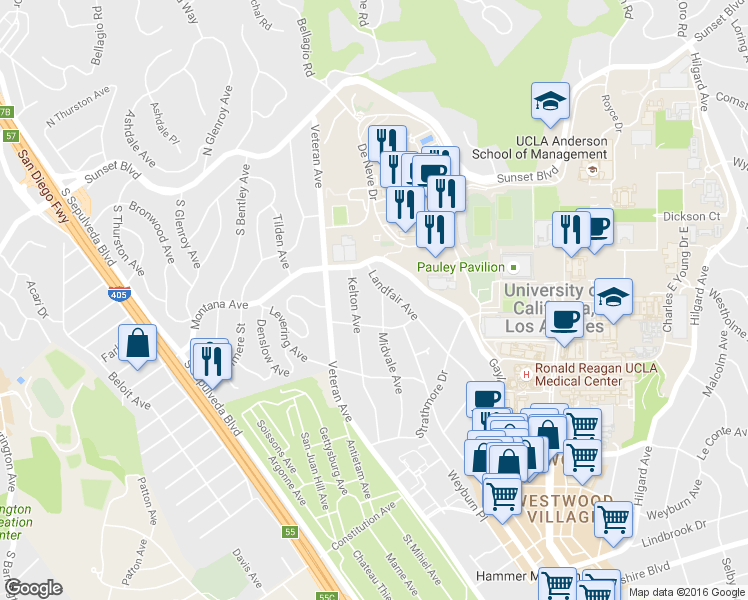 map of restaurants, bars, coffee shops, grocery stores, and more near 430 Kelton Avenue in Los Angeles