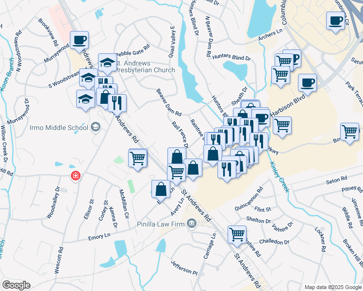 map of restaurants, bars, coffee shops, grocery stores, and more near 1361 Rail Fence Drive in Columbia