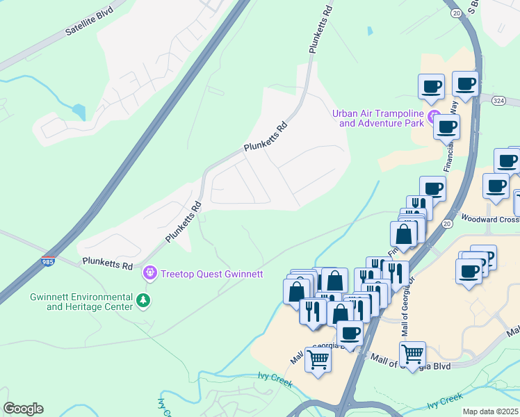 map of restaurants, bars, coffee shops, grocery stores, and more near 3179 Woodward Down Trail in Buford