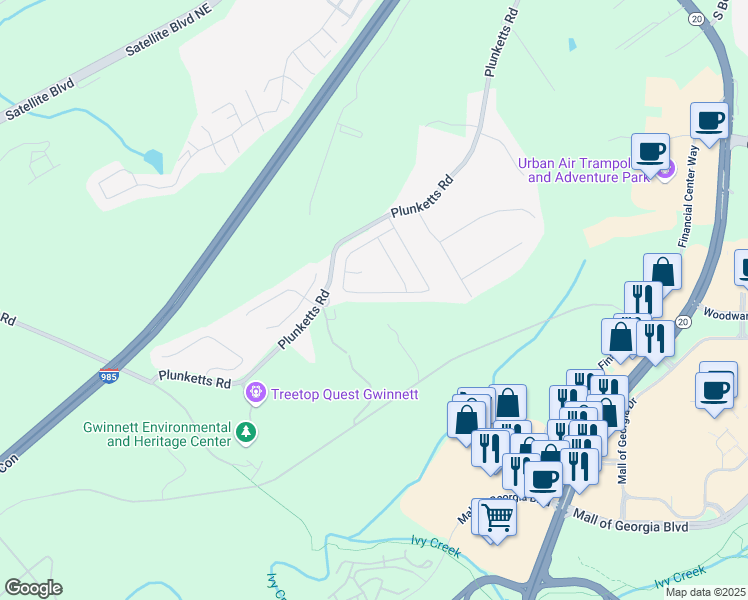 map of restaurants, bars, coffee shops, grocery stores, and more near 3059 Woodward Down Trail in Buford