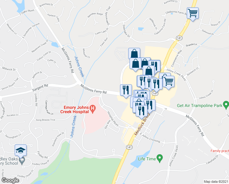 map of restaurants, bars, coffee shops, grocery stores, and more near 6590 McGinnis Ferry Road in Suwanee