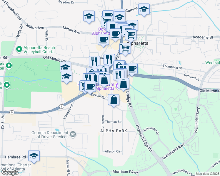 map of restaurants, bars, coffee shops, grocery stores, and more near 216 South Main Street in Alpharetta