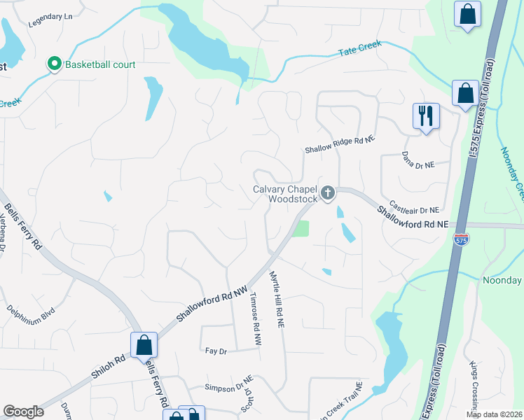 map of restaurants, bars, coffee shops, grocery stores, and more near 4721 Shallow Ridge Road Northeast in Kennesaw