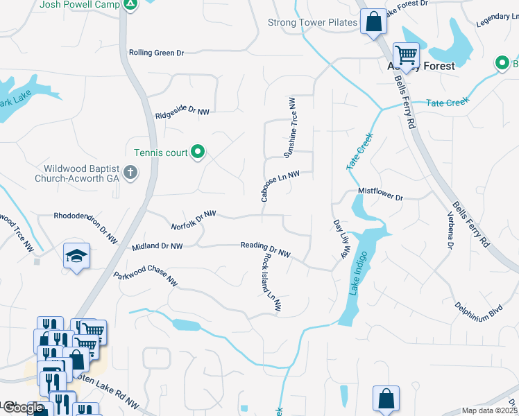 map of restaurants, bars, coffee shops, grocery stores, and more near 4831 Caboose Lane Northwest in Acworth