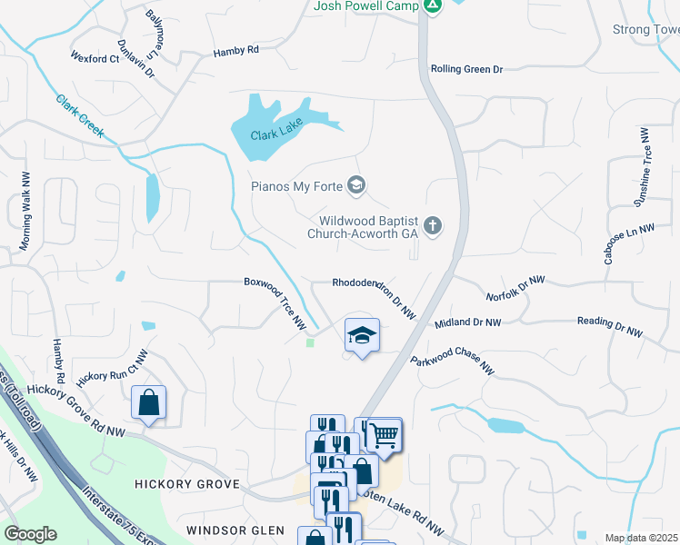 map of restaurants, bars, coffee shops, grocery stores, and more near 1470 Rhododendron Drive Northwest in Acworth