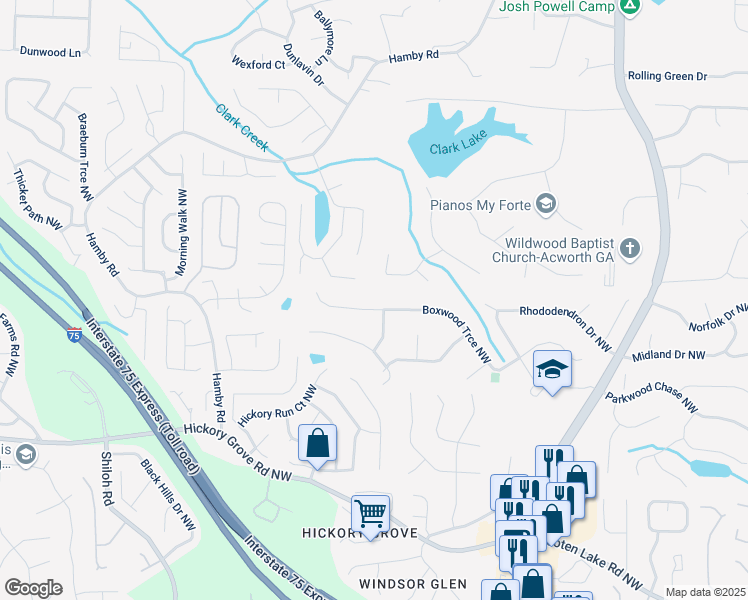 map of restaurants, bars, coffee shops, grocery stores, and more near 1560 Boxwood Trce Northwest in Acworth
