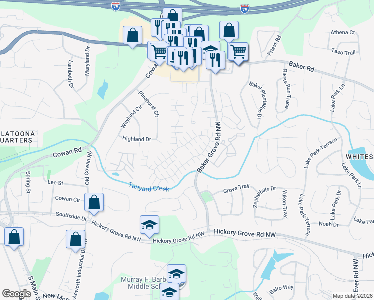 map of restaurants, bars, coffee shops, grocery stores, and more near 805 Windcroft Circle Northwest in Acworth