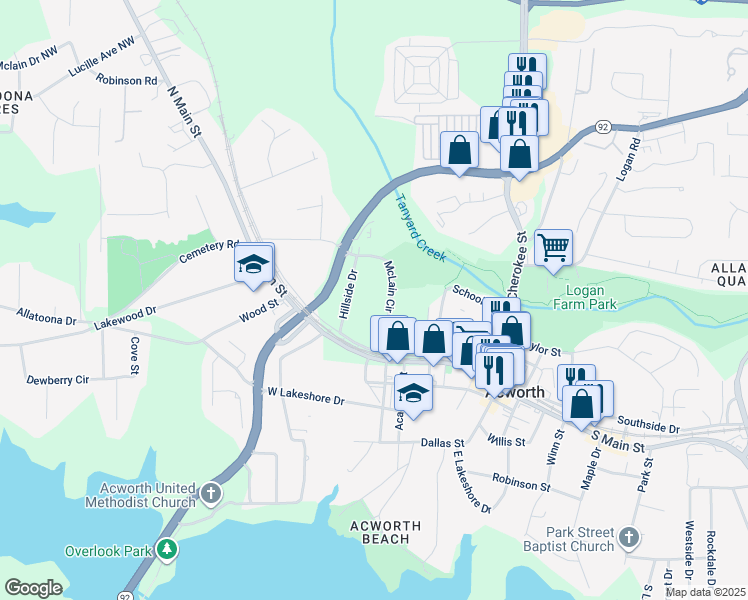 map of restaurants, bars, coffee shops, grocery stores, and more near 4481 McLain Circle in Acworth