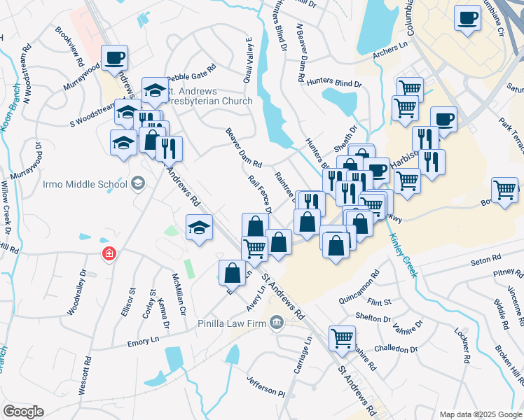 map of restaurants, bars, coffee shops, grocery stores, and more near 1361 Rail Fence Drive in Columbia