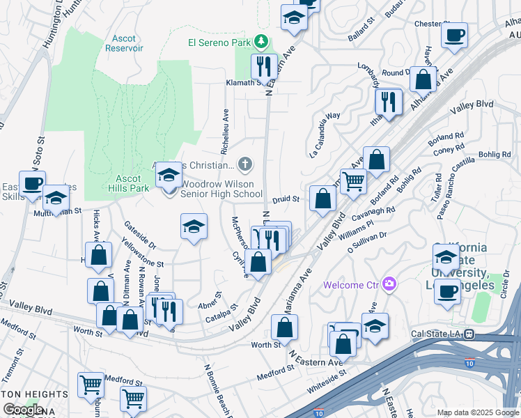 map of restaurants, bars, coffee shops, grocery stores, and more near 2147 North Eastern Avenue in Los Angeles