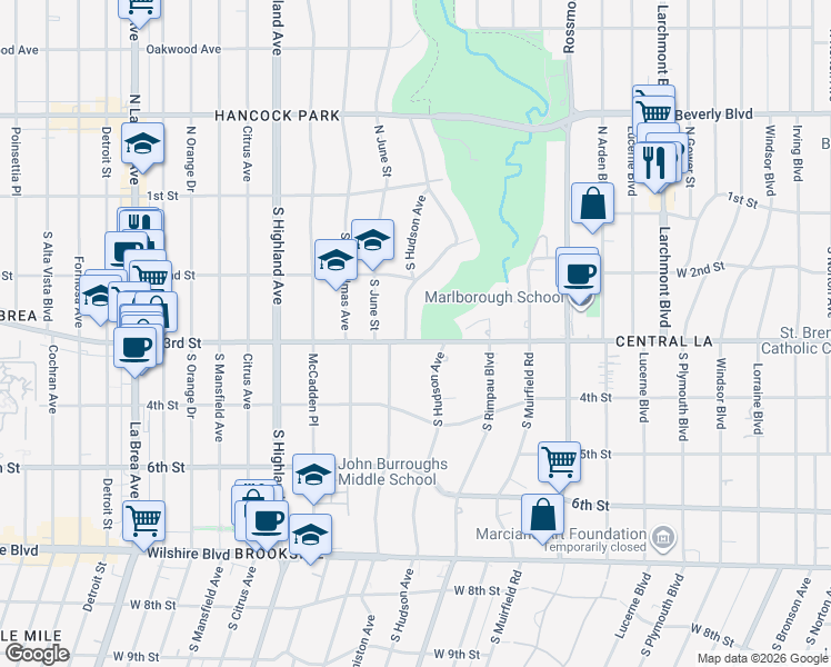 map of restaurants, bars, coffee shops, grocery stores, and more near 258 South Hudson Avenue in Los Angeles
