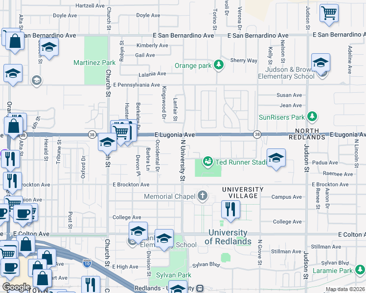 map of restaurants, bars, coffee shops, grocery stores, and more near in Redlands