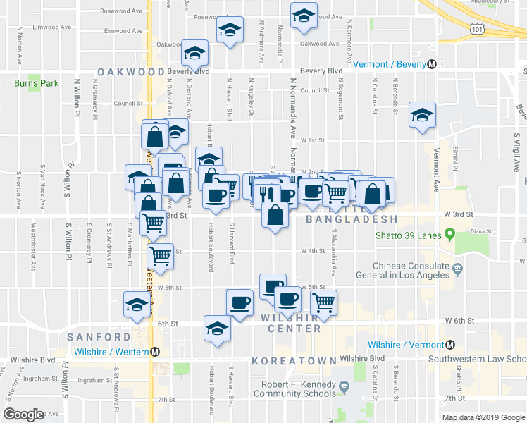 map of restaurants, bars, coffee shops, grocery stores, and more near 257 South Ardmore Avenue in Los Angeles