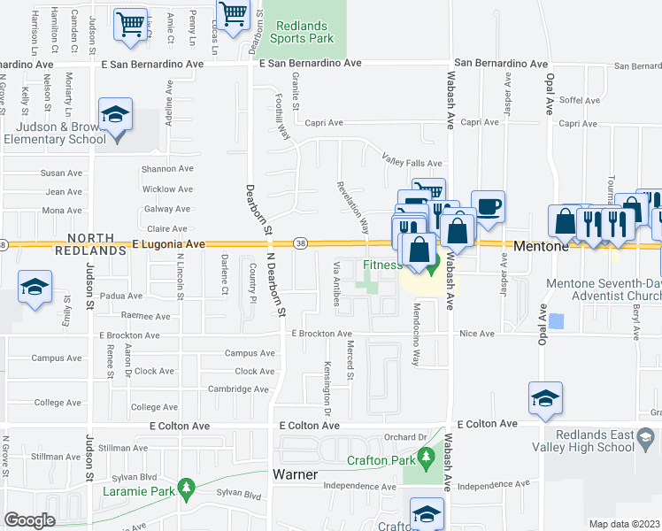 map of restaurants, bars, coffee shops, grocery stores, and more near 1235 Vía Antibes in Redlands