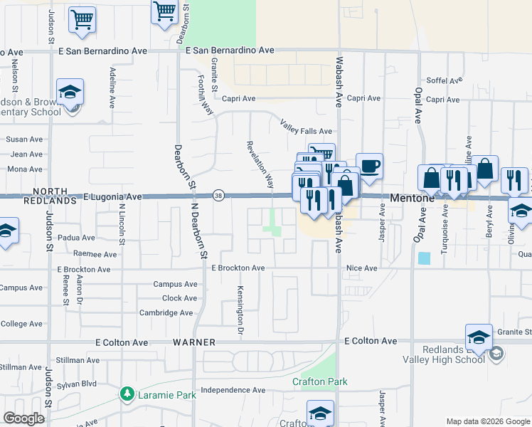 map of restaurants, bars, coffee shops, grocery stores, and more near 1255 Vía Antibes in Redlands