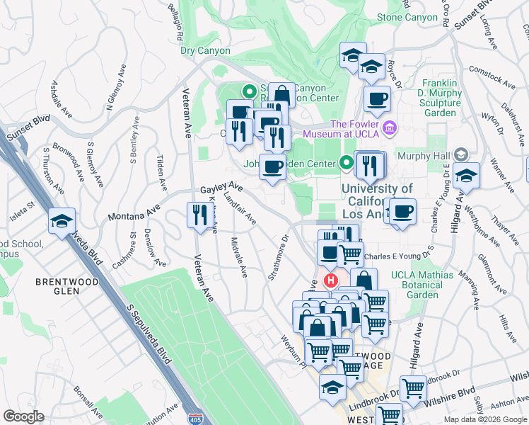 map of restaurants, bars, coffee shops, grocery stores, and more near 535 Gayley Avenue in Los Angeles
