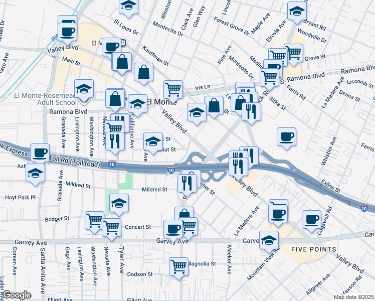 map of restaurants, bars, coffee shops, grocery stores, and more near 3401 Meeker Avenue in El Monte