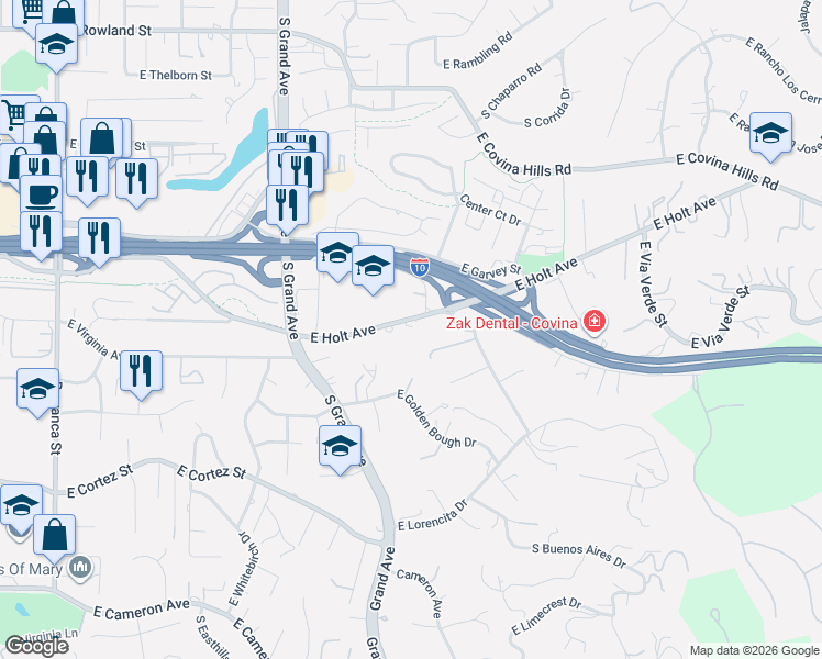 map of restaurants, bars, coffee shops, grocery stores, and more near 3614 East Holt Avenue in West Covina
