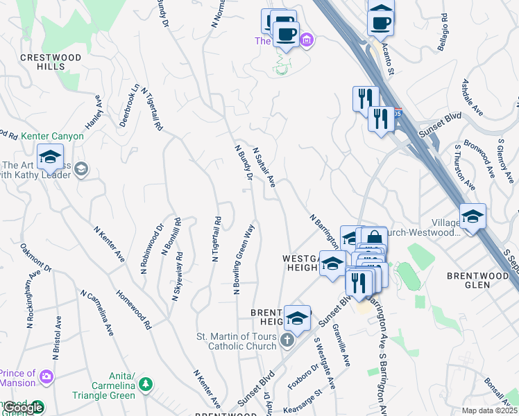 map of restaurants, bars, coffee shops, grocery stores, and more near 524 North Bundy Drive in Los Angeles