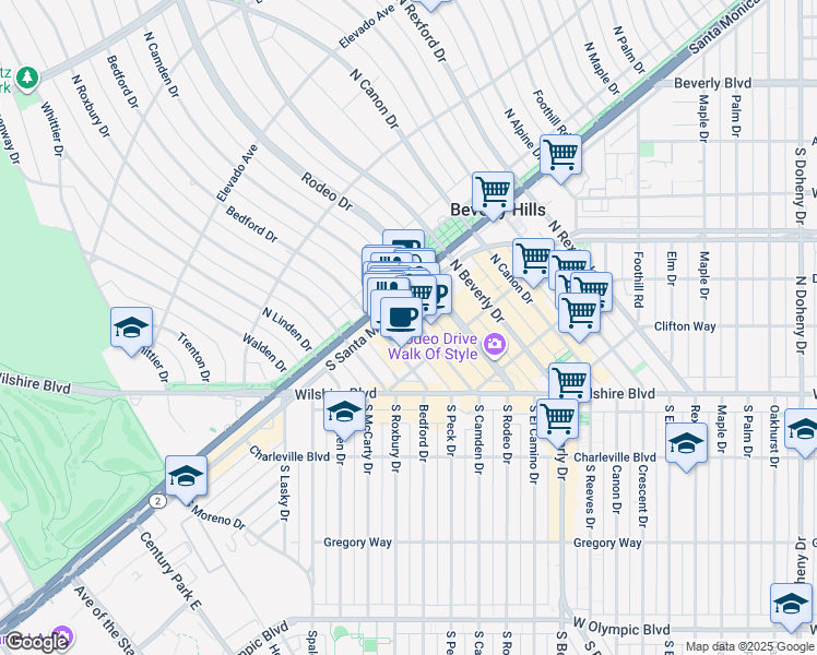map of restaurants, bars, coffee shops, grocery stores, and more near 9620 South Santa Monica Boulevard in Beverly Hills