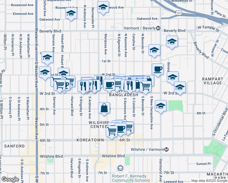 map of restaurants, bars, coffee shops, grocery stores, and more near 260 South Mariposa Avenue in Los Angeles