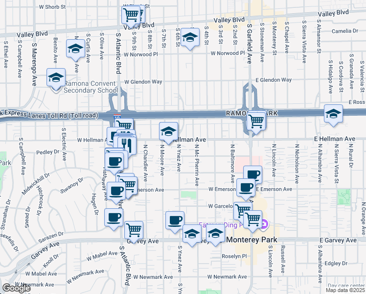 map of restaurants, bars, coffee shops, grocery stores, and more near 618 North Ynez Avenue in Monterey Park