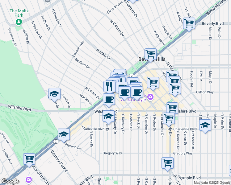 map of restaurants, bars, coffee shops, grocery stores, and more near 14824 burbank Boulevard in Beverly Hills
