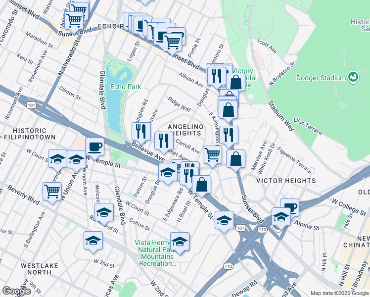 map of restaurants, bars, coffee shops, grocery stores, and more near 1340 Carroll Avenue in Los Angeles