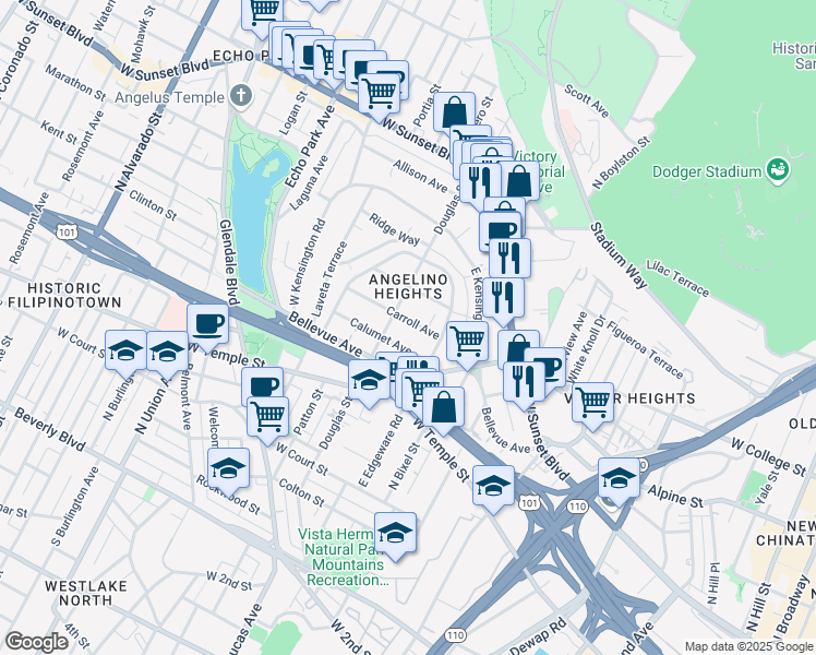 map of restaurants, bars, coffee shops, grocery stores, and more near 1340 Carroll Avenue in Los Angeles