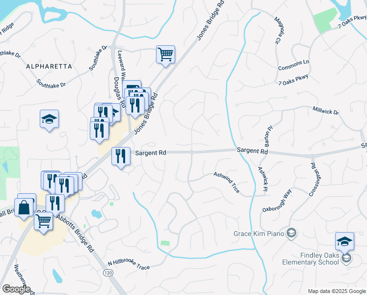 map of restaurants, bars, coffee shops, grocery stores, and more near 3040 Lakeside Court in Alpharetta