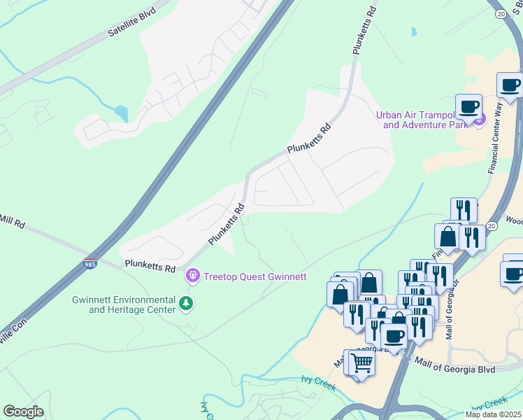 map of restaurants, bars, coffee shops, grocery stores, and more near 2989 Woodward Down Trail in Buford