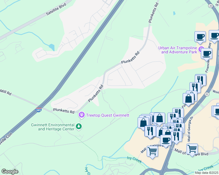 map of restaurants, bars, coffee shops, grocery stores, and more near 2989 Woodward Down Trail in Buford