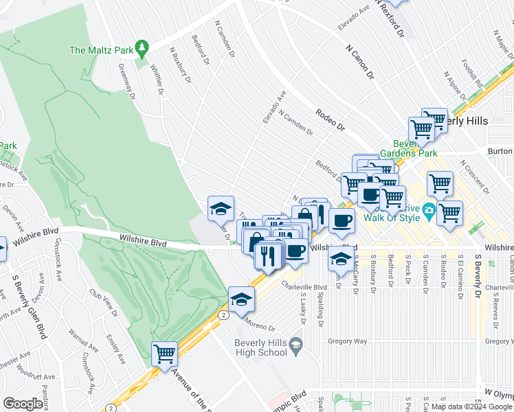 map of restaurants, bars, coffee shops, grocery stores, and more near 611 Walden Drive in Beverly Hills