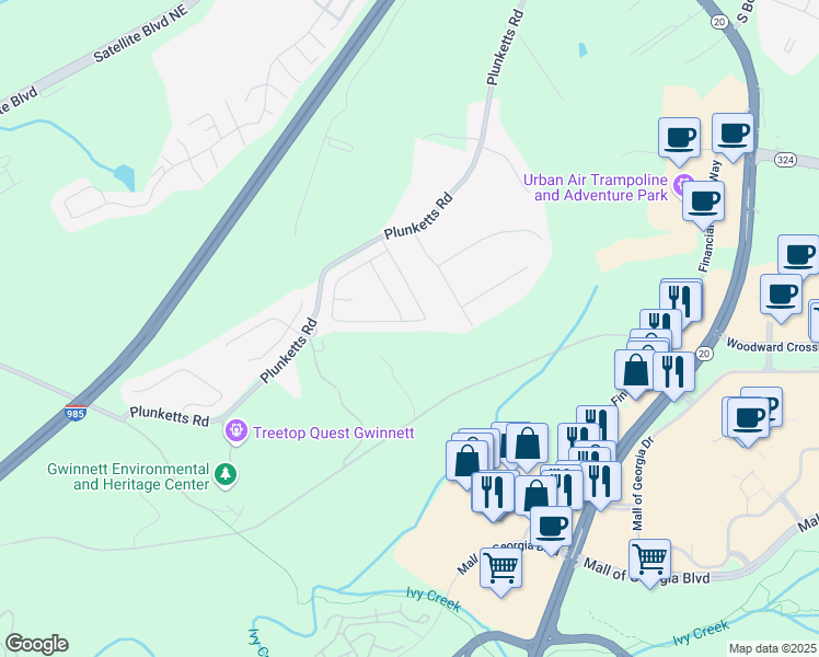 map of restaurants, bars, coffee shops, grocery stores, and more near 3179 Woodward Down Trail in Buford