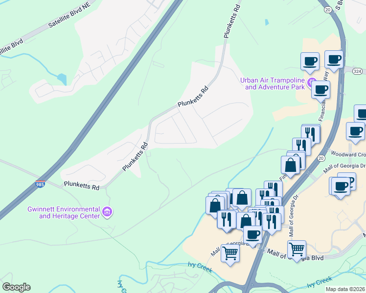 map of restaurants, bars, coffee shops, grocery stores, and more near 3139 Woodward Down Trail in Buford