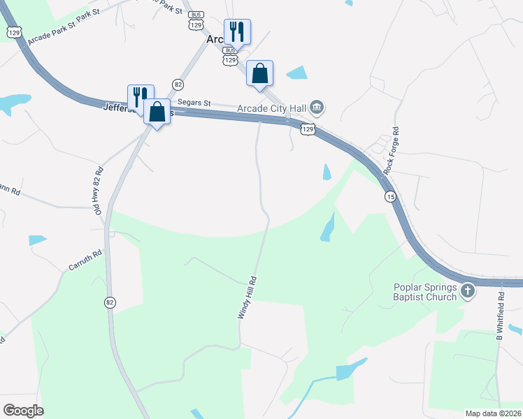 map of restaurants, bars, coffee shops, grocery stores, and more near 1006 Windy Hill Road in Arcade