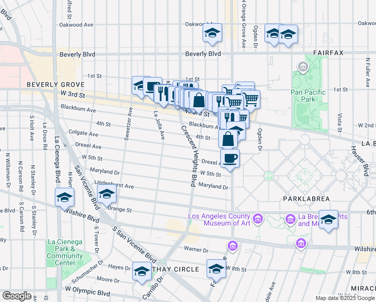 map of restaurants, bars, coffee shops, grocery stores, and more near 6414 Colgate Avenue in West Hollywood