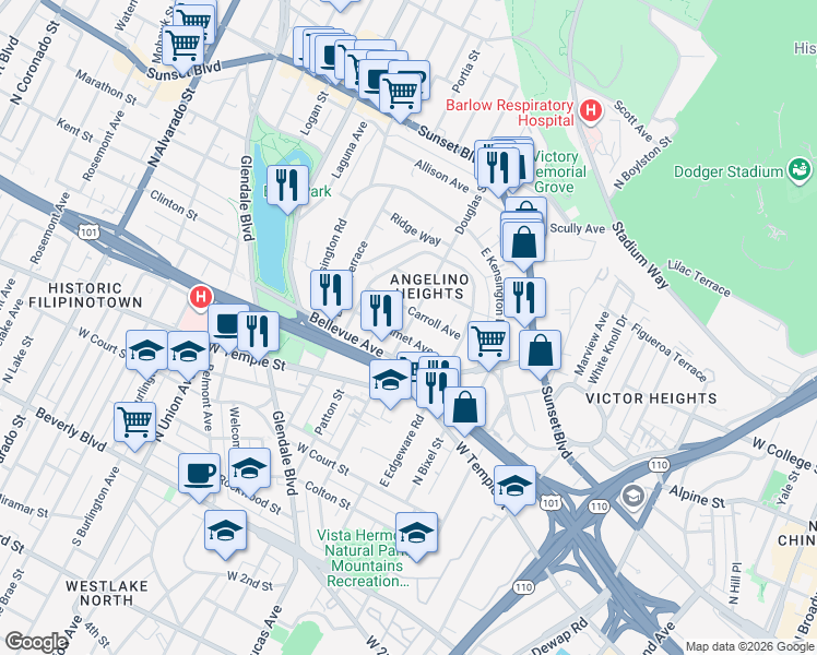 map of restaurants, bars, coffee shops, grocery stores, and more near Douglas Street in Los Angeles