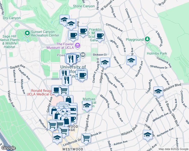 map of restaurants, bars, coffee shops, grocery stores, and more near 602 Charles E Young Drive East in Los Angeles