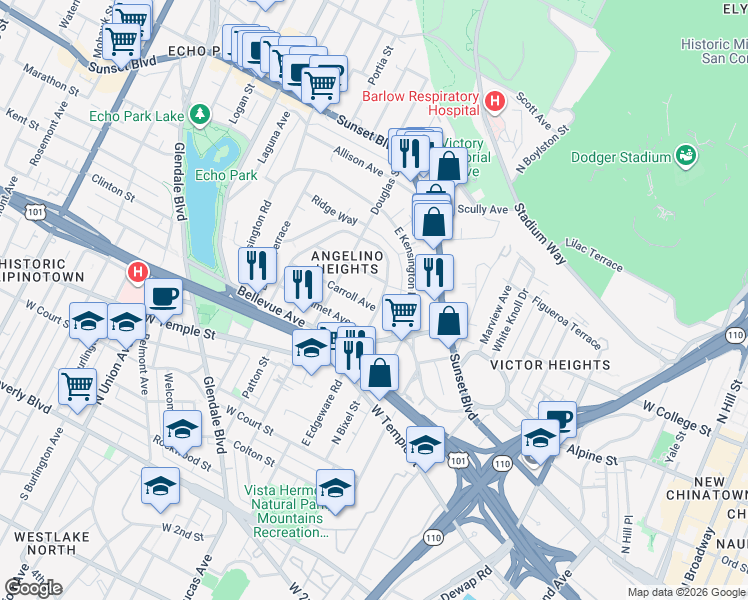 map of restaurants, bars, coffee shops, grocery stores, and more near 1329 Carroll Avenue in Los Angeles