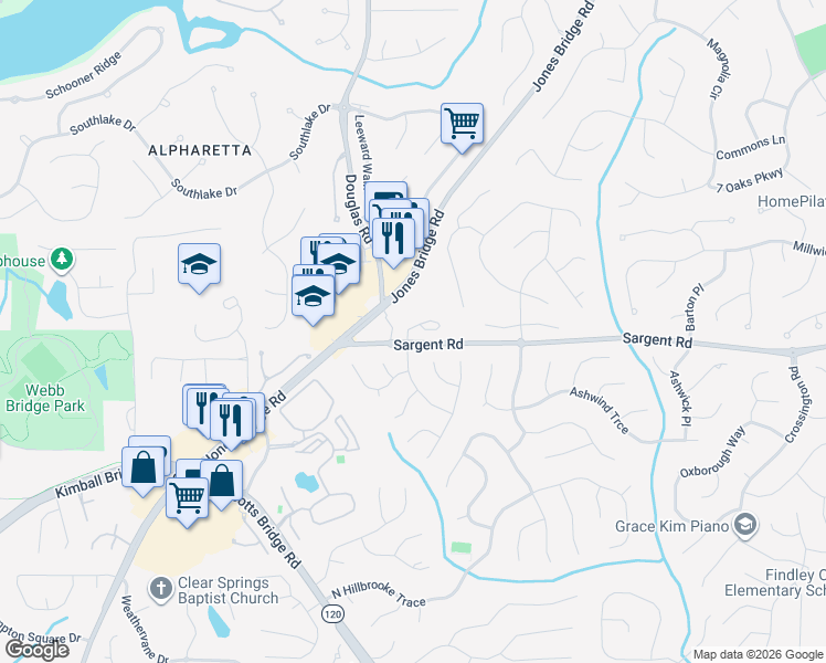 map of restaurants, bars, coffee shops, grocery stores, and more near 11891 Aspen Forest Drive in Alpharetta