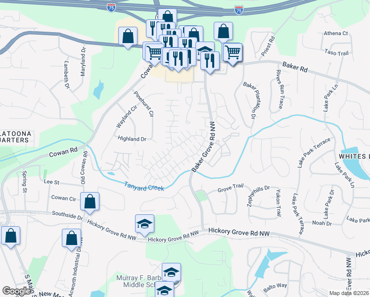 map of restaurants, bars, coffee shops, grocery stores, and more near 765 Windcroft Circle Northwest in Acworth