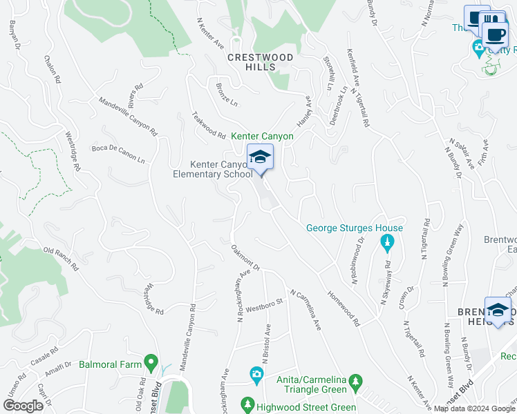 map of restaurants, bars, coffee shops, grocery stores, and more near 615 Elkins Road in Los Angeles