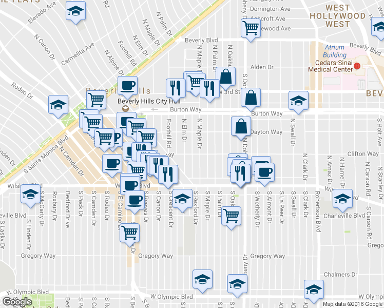 map of restaurants, bars, coffee shops, grocery stores, and more near Clifton Way in Beverly Hills