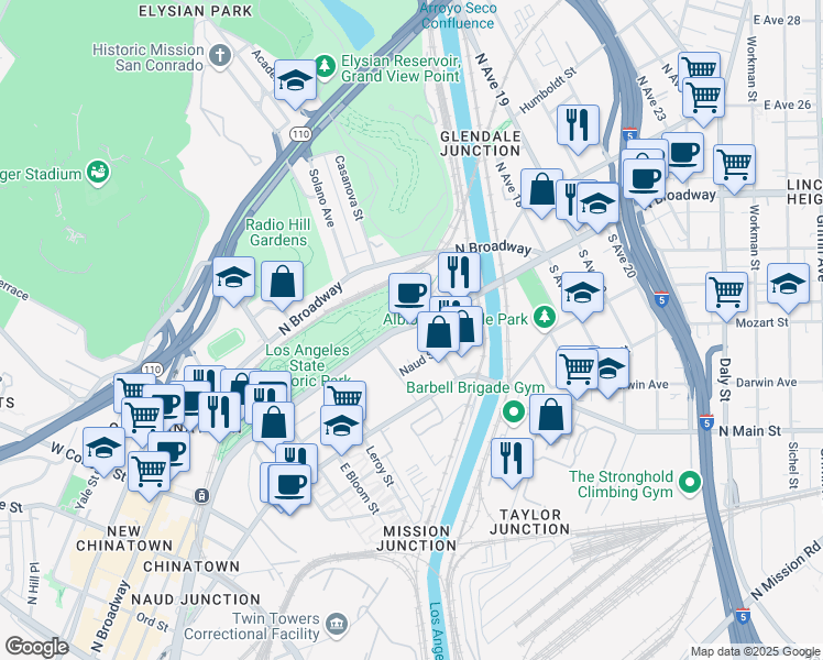 map of restaurants, bars, coffee shops, grocery stores, and more near 1726 North Spring Street in Los Angeles