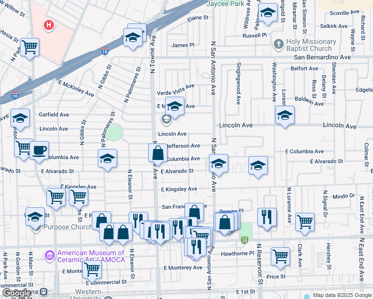 map of restaurants, bars, coffee shops, grocery stores, and more near 696 East Jefferson Avenue in Pomona