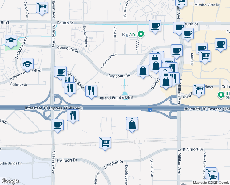 map of restaurants, bars, coffee shops, grocery stores, and more near 4141 Inland Empire Boulevard in Ontario