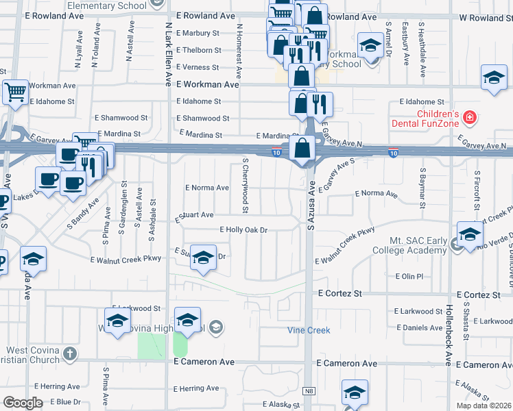 map of restaurants, bars, coffee shops, grocery stores, and more near 220 South Fernwood Street in West Covina