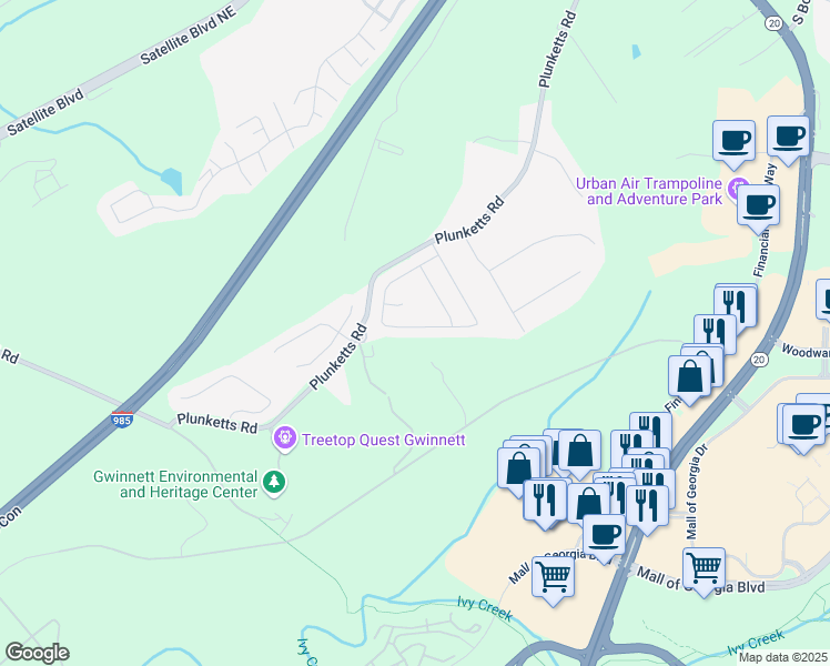 map of restaurants, bars, coffee shops, grocery stores, and more near 3059 Woodward Down Trail in Buford