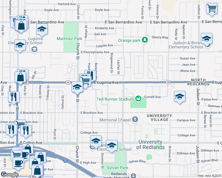 map of restaurants, bars, coffee shops, grocery stores, and more near 1205 North University Street in Redlands